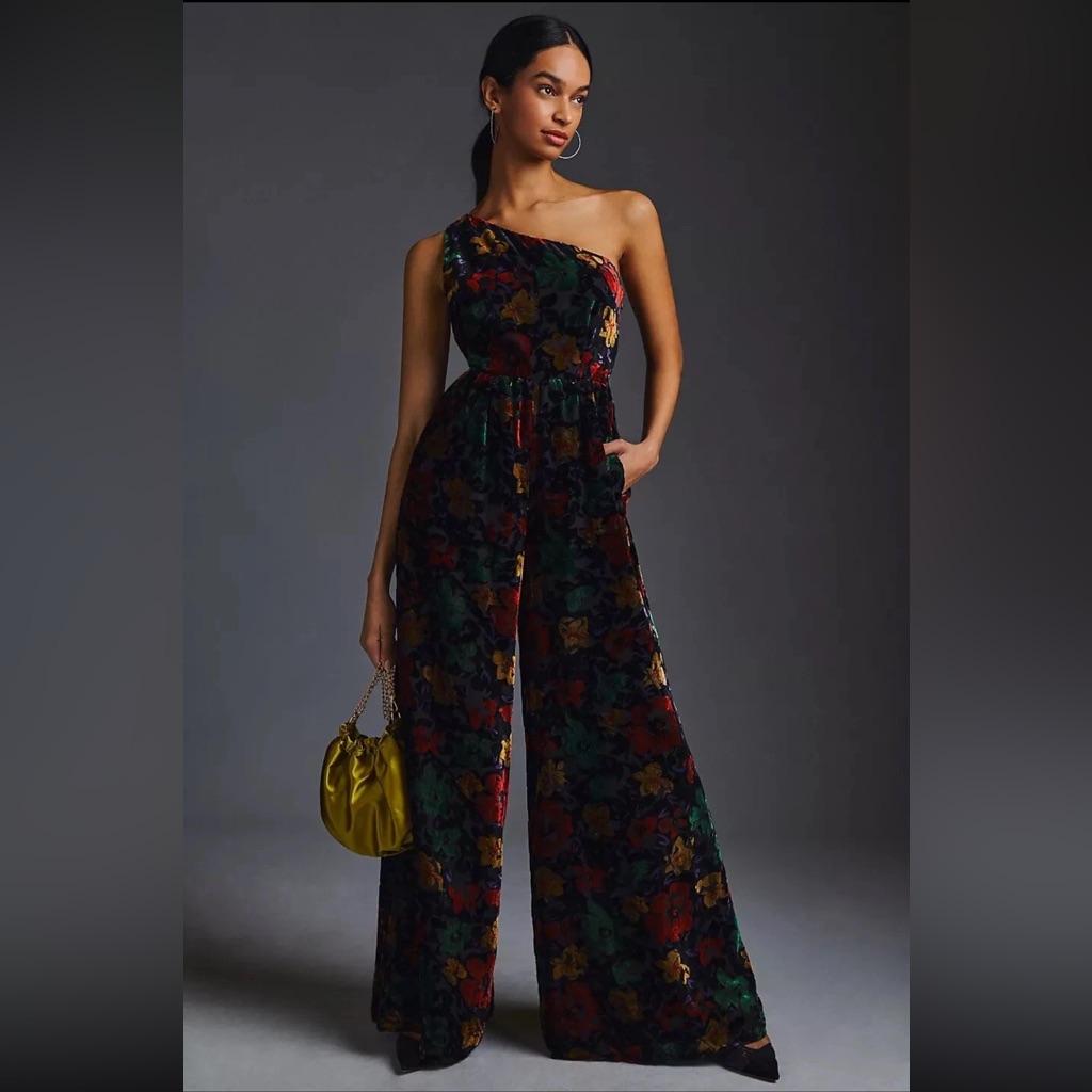 Nwt Anthropologie Hutch One-Shoulder Velvet Jumpsuit Size 16w Wide Leg Floral